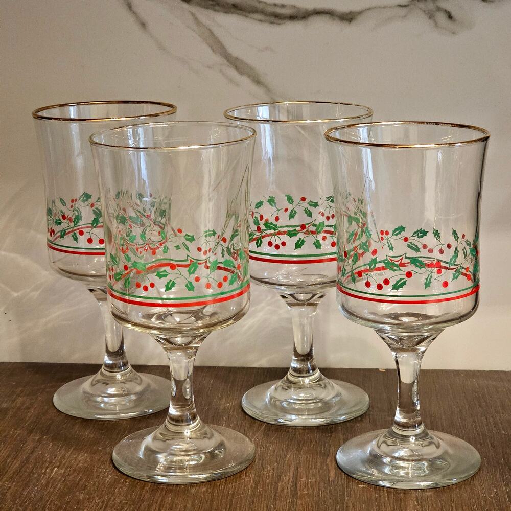 VTG Libbey Arby's Christmas Holly Berry Gold Trim 6 3/4" Tall Glasses Set 4